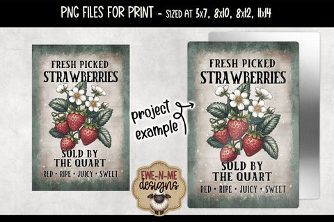 Fresh Picked Strawberries Sublimation Design | Vintage PNG Sublimation Ewe-N-Me Designs 