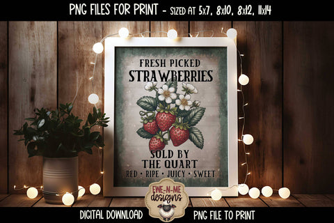Fresh Picked Strawberries Sublimation Design | Vintage PNG Sublimation Ewe-N-Me Designs 