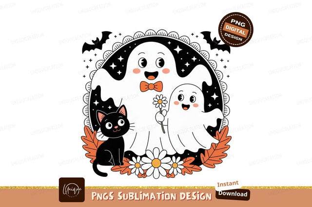Friendly ghosts and black cat with flowers halloween Sublimation Designangry 