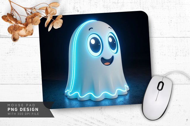 Friendly Neon Ghost in White and Blue Mouse Pad PNG Design Sublimation Regulrcrative 