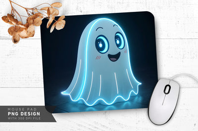 Friendly Neon Ghost in White and Blue Mouse Pad PNG Design Sublimation Regulrcrative 