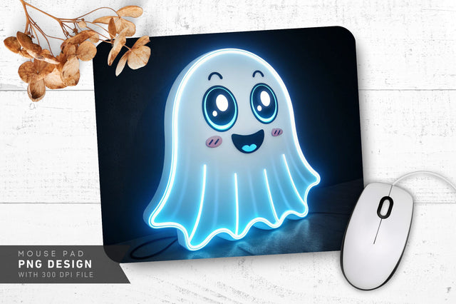 Friendly Neon Ghost in White and Blue Mouse Pad PNG Design Sublimation Regulrcrative 