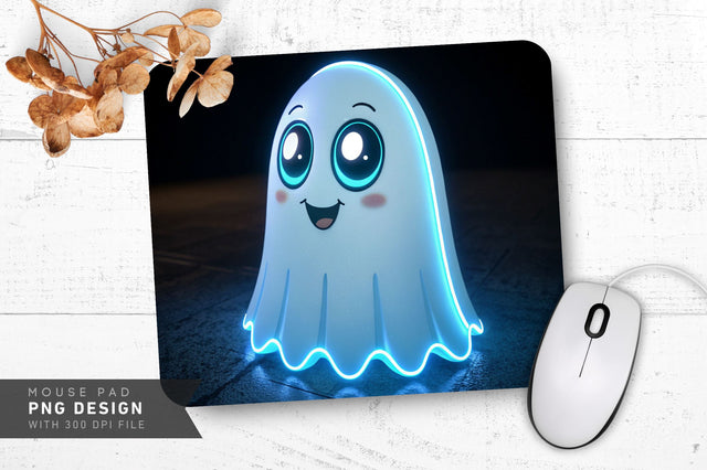 Friendly Neon Ghost in White and Blue Mouse Pad PNG Design Sublimation Regulrcrative 
