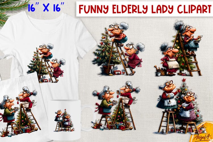 Friendship clipart Elderly ladies Christmas tree PNG Sublimation Angelina Semenova 