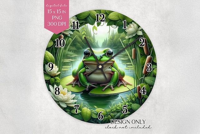 Frog Clock Face PNG Whimsical Lily Pond Wall Clock Sublimation BijouBay 