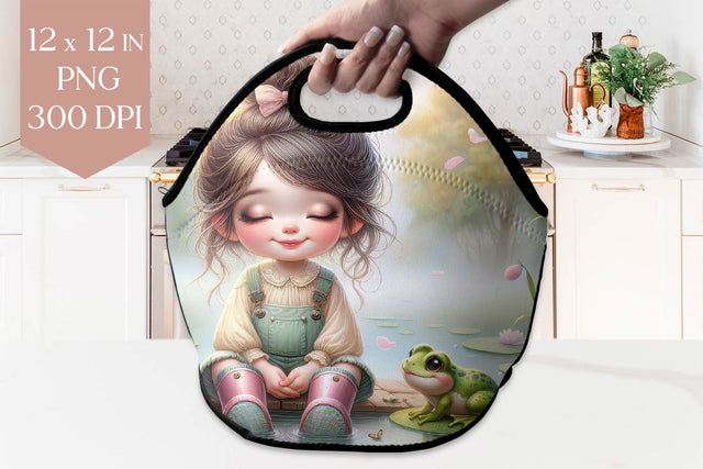 Frog & Girl by the Pond Lunch Bag PNG Sublimation BijouBay 