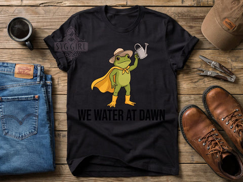 Frog Hero Warrior T-Shirt PNG, Safari Hat, Yellow Cape, WE WATER AT DAWN, Sublimation PNG, Cartoon Frog, Garden Warrior Sublimation SvggirlplusArt 