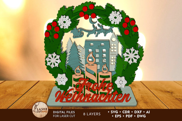 Frohe Weihnachten Multilayer Cut Templates, Christmas Decor, Laser Cut Files SVG LaserCutano 