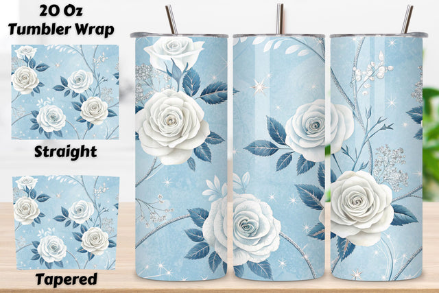 Frosted Rose Seamless Tumbler Wrap, Icy White Roses with Crystal Effects Sublimation FloridPrintables 