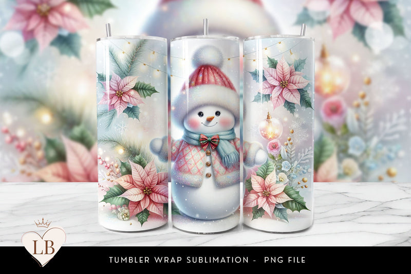 Frosted Snowman & Pink Poinsettia Tumbler Wrap Sublimation BijouBay 
