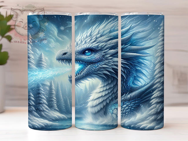 Frozen Winter Ice Fantasy Dragon Tumbler, Frozen Dragon Wrap, 20oz Tumbler Sublimation, Winter Dragon Design, Frost Dragon Art, Mythical Ice Creature, Cold Fantasy Dragon Sublimation Lara' s Designs 