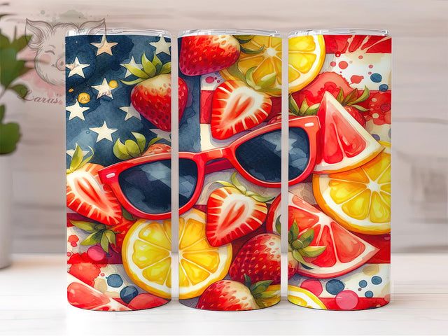 Fruit Flag Patriotic Tumbler Wrap, 4th Of July Glasses PNG, Patriotic Tumbler Design, Red White Blue Fruit Wrap, Summer USA Tumbler, Funny American Flag Tumbler, 20oz Holiday Sublimation Sublimation Lara' s Designs 