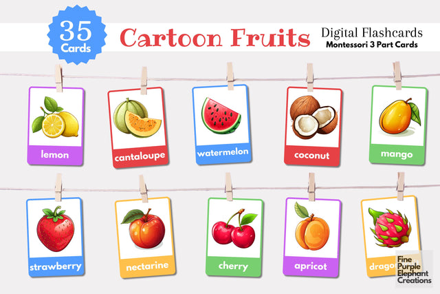 Fruit Flashcards | Preschool Montessori Cards Digital Pattern Fine Purple Elephant Creations 