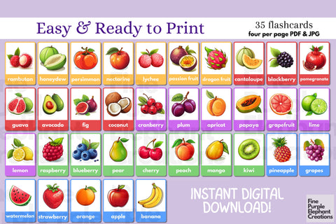 Fruit Flashcards | Preschool Montessori Cards Digital Pattern Fine Purple Elephant Creations 