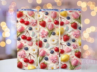 Fruit & Floral Ribbons 20oz Tumbler, Fruit Motif, Floral Pattern, Ribbon Design, Vintage Style, Festive Theme, Skinny Tumbler, Sublimation PNG Sublimation SvggirlplusArt 