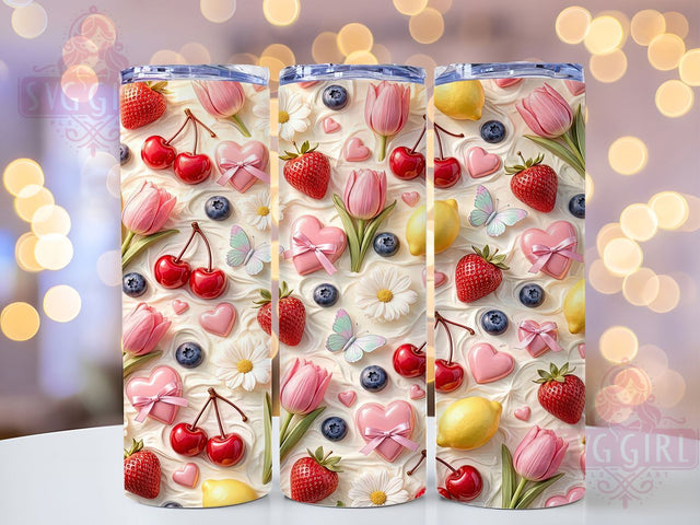 Fruit & Floral Ribbons 20oz Tumbler, Fruit Motif, Floral Pattern, Ribbon Design, Vintage Style, Festive Theme, Skinny Tumbler, Sublimation PNG Sublimation SvggirlplusArt 