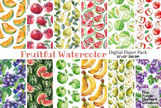 Fruit Pattern Digital Paper | Watercolor Summer BBQ Foodie Digital Pattern Fine Purple Elephant Creations 