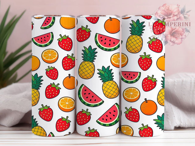 Fruit Splash Pattern 20oz Tumbler, Fruit Splash, Pattern Design, Citrus Motif, Bright Colors, Playful Style, Skinny Tumbler, Sublimation PNG Sublimation Li Zamperini 