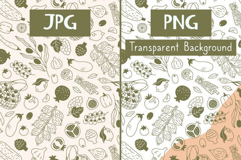 Fruits And Vegetables Doodle Seamless Pattern & Digital Paper Digital Pattern Rin Green 