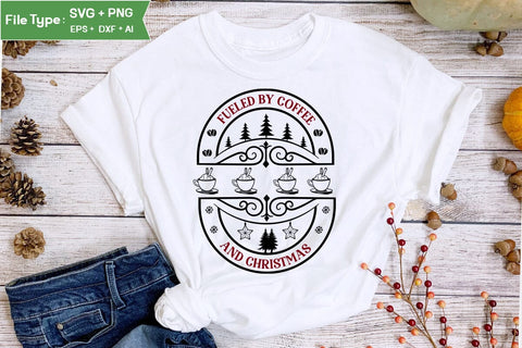 Fueled by coffee and Christmas Round Sign SVG Design, Farmhouse Christmas Round Sign SVG Design, Christmas SVG Design SVG DesignPlante 503 