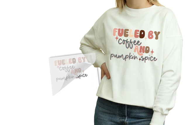 Fueled By Coffee and Pumpkin Spice DTF Heat Transfer Physical So Fontsy T-Shirt Iron-On Transfer Shop 4x4