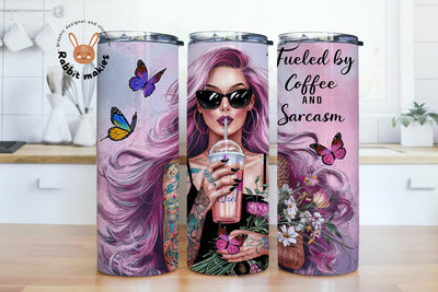 Fueled by Coffee and Sarcasm Pretty Cool Woman with Coffee 20oz Skinny Tumbler Wrap Sublimation Design Digital Art Download PNG Sublimation Rabbitmakies 