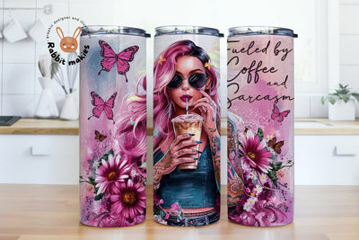 Fueled by Coffee and Sarcasm Pretty Cool Woman with Coffee 20oz Skinny Tumbler Wrap Sublimation Design Digital Art Download PNG Sublimation Rabbitmakies 