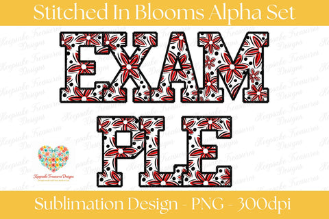 Full Alphabet Faux Embroidery PNG Set, Floral Polka Dot Letter Clipart A-Z, Red Black Monogram Bundle, Commercial Use Digital Download Sublimation Keepsake Treasures Designs LLC. 