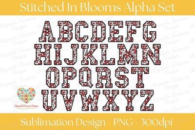 Full Alphabet Faux Embroidery PNG Set, Floral Polka Dot Letter Clipart A-Z, Red Black Monogram Bundle, Commercial Use Digital Download Sublimation Keepsake Treasures Designs LLC. 