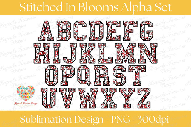 Full Alphabet Faux Embroidery PNG Set, Floral Polka Dot Letter Clipart A-Z, Red Black Monogram Bundle, Commercial Use Digital Download Sublimation Keepsake Treasures Designs LLC. 