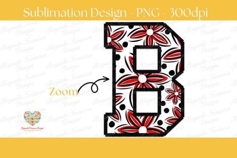 Full Alphabet Faux Embroidery PNG Set, Floral Polka Dot Letter Clipart A-Z, Red Black Monogram Bundle, Commercial Use Digital Download Sublimation Keepsake Treasures Designs LLC. 