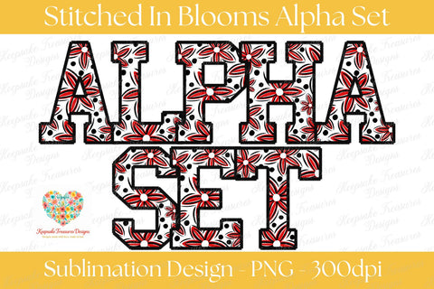 Full Alphabet Faux Embroidery PNG Set, Floral Polka Dot Letter Clipart A-Z, Red Black Monogram Bundle, Commercial Use Digital Download Sublimation Keepsake Treasures Designs LLC. 