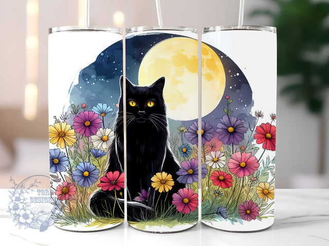 Full Moon Black Cat Floral Celestial 20oz Skinny Tumbler, Black Cat Tumbler Png, Straight & Tapered Tumbler Wrap, Instant Digital Download Sublimation ToriDesigns 