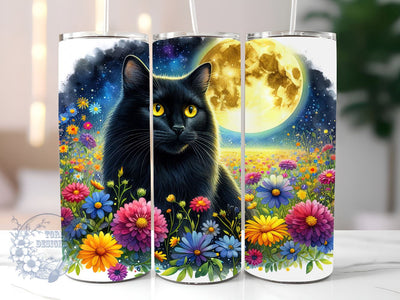 Full Moon Black Cat Floral Celestial 20oz Skinny Tumbler, Black Cat Tumbler Png, Straight & Tapered Tumbler Wrap, Instant Digital Download Sublimation ToriDesigns 