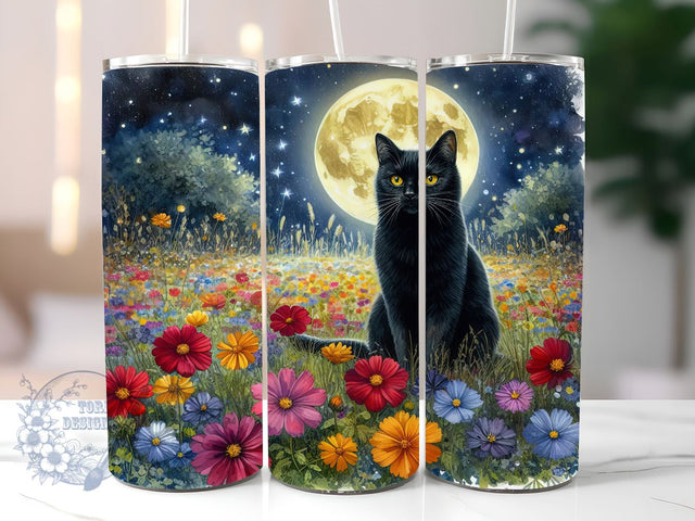 Full Moon Black Cat Floral Celestial 20oz Skinny Tumbler, Black Cat Tumbler Png, Straight & Tapered Tumbler Wrap, Instant Digital Download Sublimation ToriDesigns 