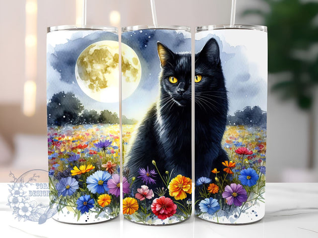 Full Moon Black Cat Floral Celestial 20oz Skinny Tumbler, Black Cat Tumbler Png, Straight & Tapered Tumbler Wrap, Instant Digital Download Sublimation ToriDesigns 