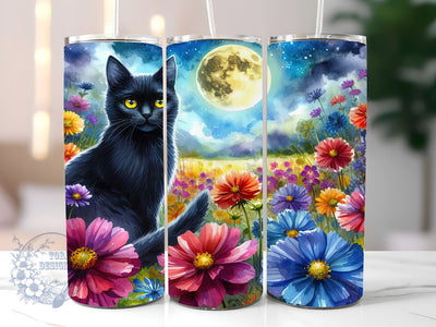 Full Moon Black Cat Floral Celestial 20oz Skinny Tumbler, Black Cat Tumbler Png, Straight & Tapered Tumbler Wrap, Instant Digital Download Sublimation ToriDesigns 