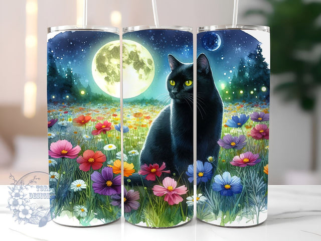 Full Moon Black Cat Floral Celestial 20oz Skinny Tumbler, Black Cat Tumbler Png, Straight & Tapered Tumbler Wrap, Instant Digital Download Sublimation ToriDesigns 