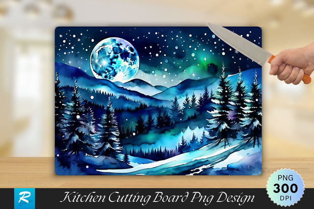 Full Moon Over Winter Deep Forest Cutting Board Sublimation Regulrcrative 