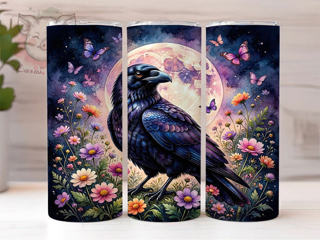 Full Moon Raven Mystical 20oz Tumbler, Raven Design, Floral Celestial, Mystical Theme, Night Sky, 20oz Tumbler Wrap, Sublimation PNG Sublimation Lara' s Designs 