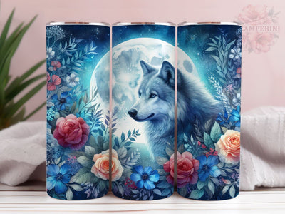 Full Moon Wolf Floral Celestial 20oz Tumbler Wrap PNG, Wolf Tumber Png, Straight & Tapered Tumbler Wrap, Instant Digital Download Sublimation Li Zamperini 