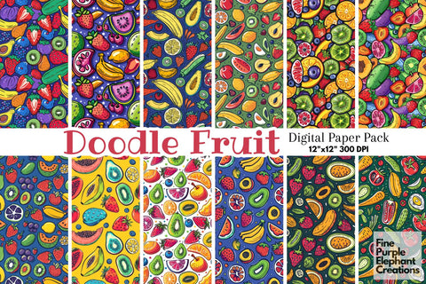 Fun Doodle Fruit Pattern Digital Paper | BBQ Picnic Foodie Digital Pattern Fine Purple Elephant Creations 