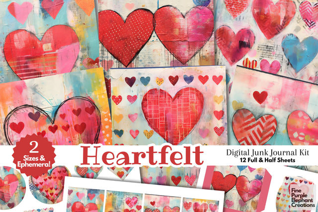 Fun Valentine Hearts Digital Junk Journal Kit Half Pages Digital Pattern Fine Purple Elephant Creations 