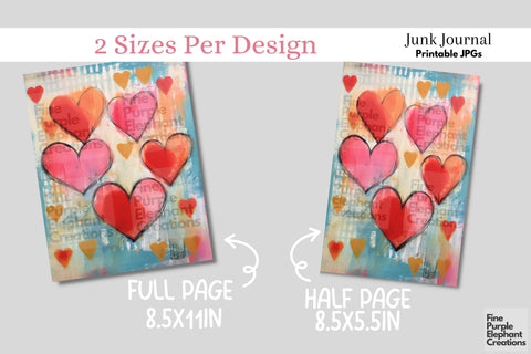 Fun Valentine Hearts Digital Junk Journal Kit Half Pages Digital Pattern Fine Purple Elephant Creations 