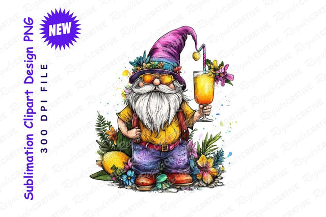 Funky Gnome With Cocktail Clipart Png Sublimation Regulrcrative 