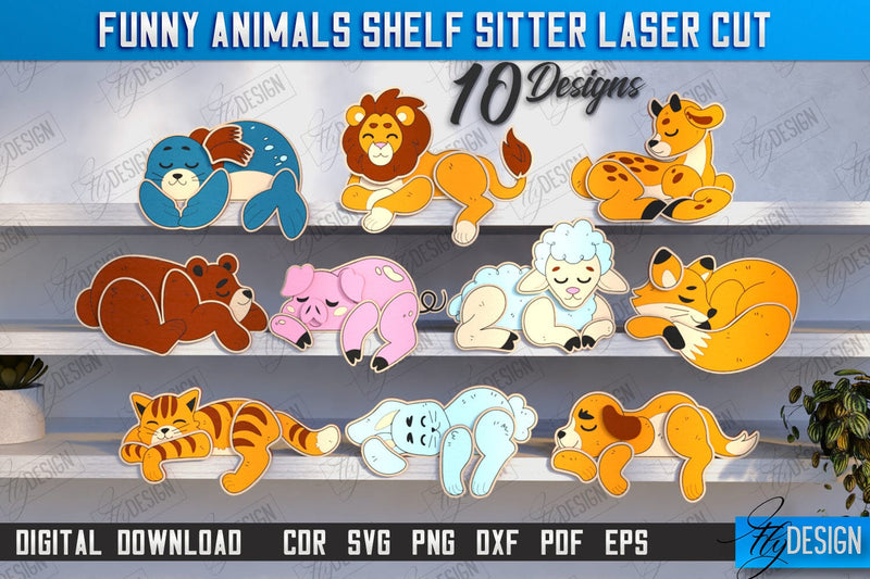 Funny Animals Shelf Sitters Laser Cut Bundle | Wooden Animals Figurine | CNC Files SVG Fly Design 