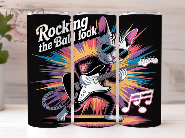 Funny Bald Rock Roll Cat Tumbler, Rock N Roll Cat Design, 20Oz Skinny Tumbler Wrap, Sublimation Print Cup, Music Lover Gift Idea, Humorous Bald Cat Art, Digital Tumbler Design Sublimation Lara' s Designs 