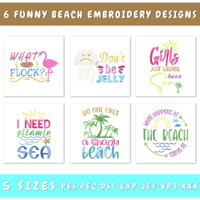 Funny Beach Embroidery Designs Bundle - Summer Humor, Coastal Quotes, Beach Vibes, Digital Download, 6 Embroidery Patterns for Machine Embroidery/Applique DESIGNS HappyDesignStudio 