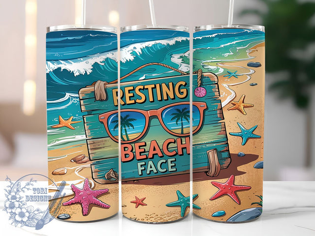 Funny Beach Vacation Ocean Tumbler, Funny Summer Tumbler, Resting Beach Face Design, 20oz Sublimation Wrap, Coastal Vibes Tumbler, Ocean Theme Tumbler Wrap, Vacation Tumbler Design Sublimation ToriDesigns 