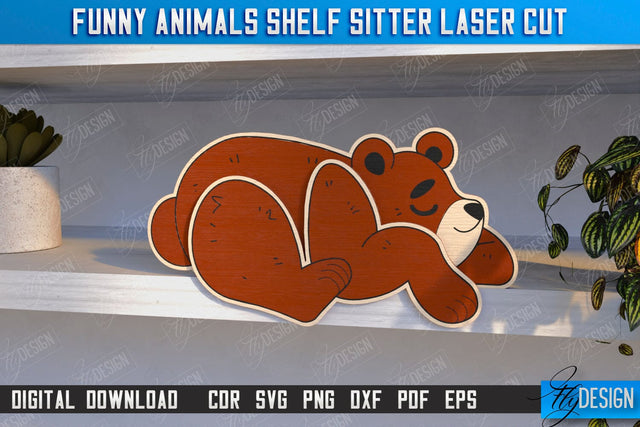 Funny Bear Shelf Sitters Laser Cut | Wooden Animals Figurine | CNC File SVG Fly Design 